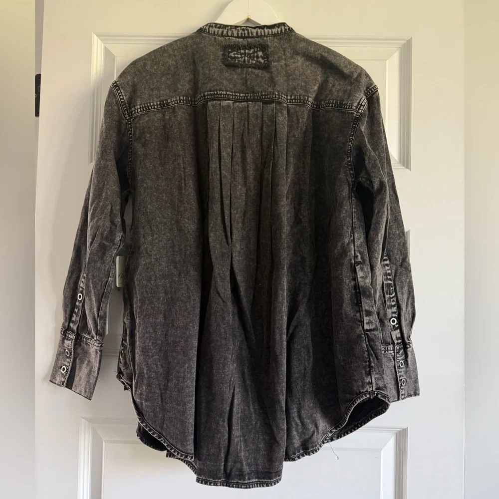 Free People Washed Black Denim Button-Up Top | Boho Oversized Denim Shirt